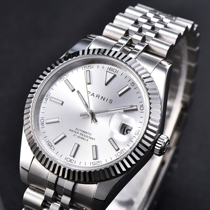 New Parnis Automatic Mechanical Mens Watches  Silver Stainless Steel Bracelet Calendar White Dial 2813 Movement Men's Watch 2020