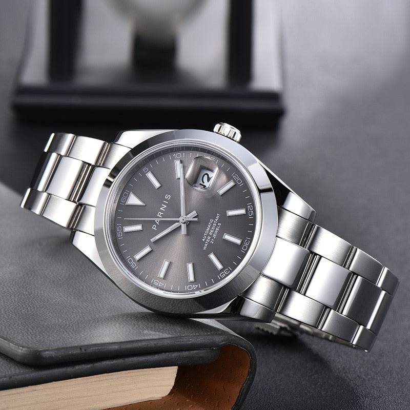 New Parnis Gray Dial Men's Watches Calendar Miyota 8215 Movement 21 Jewels Automatic Mechanical Stainless Steel Strap Men Watch