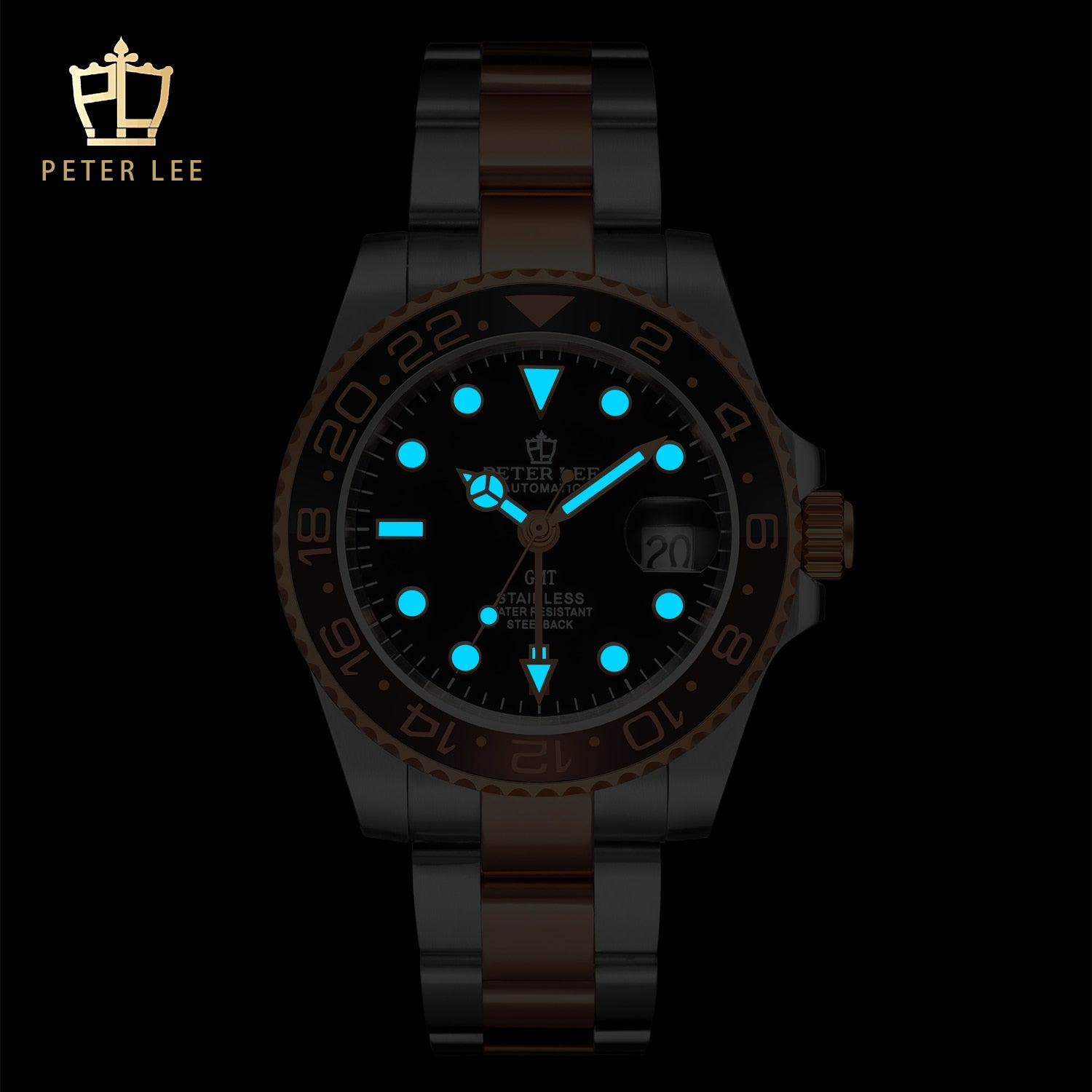 New Peter Lee Men Automatic Mechanical Watch Brand Bussine Luxury Steel Stainless Watches Auto Day GMT Wrist Watch Gifts