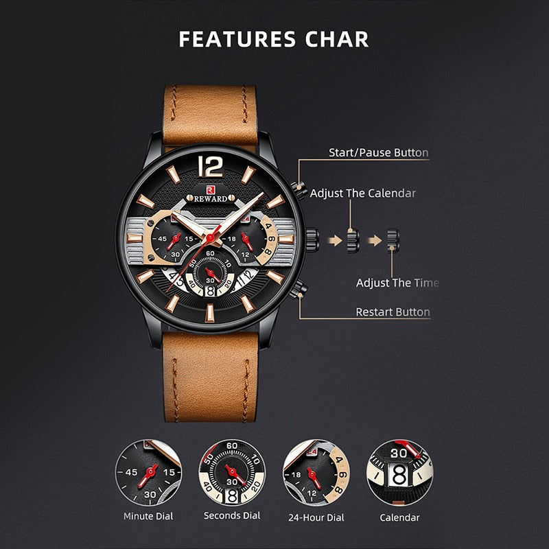 New Reward Men's Wristwatches Business Timepiece Waterproof Anti-glare Glass Quartz Watch Male Chronograph Wrist Watches for Men