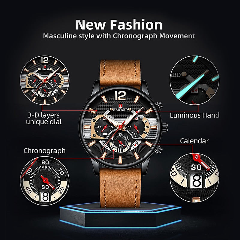 New Reward Men's Wristwatches Business Timepiece Waterproof Anti-glare Glass Quartz Watch Male Chronograph Wrist Watches for Men