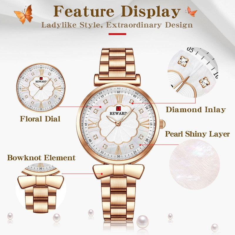 New Reward Women Quartz Watches Top Brand Fashion Lady Stainless Steel Wrist Watch Waterproof Luminous Superthin Clock Timepiece