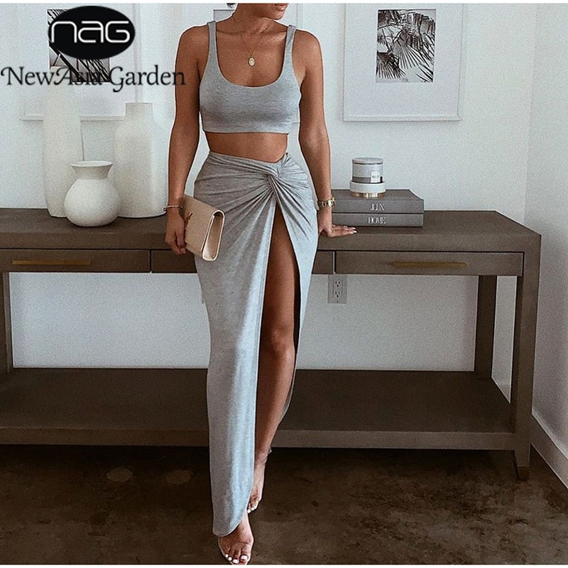 NewAsia Sexy Party 2 Piece Set Women 2019 Plus Size Crop Top Twist Side Split Long Skirts Matching Sets Club Two Piece Outfits