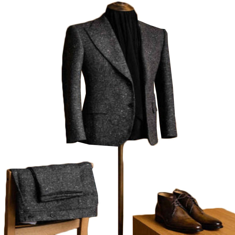 Newest Handsome Men Suits Winter Tweed Notch Lapel Dark Gray Regular 2 Piece Wool Two Button Blend Vintage Tailored Fit