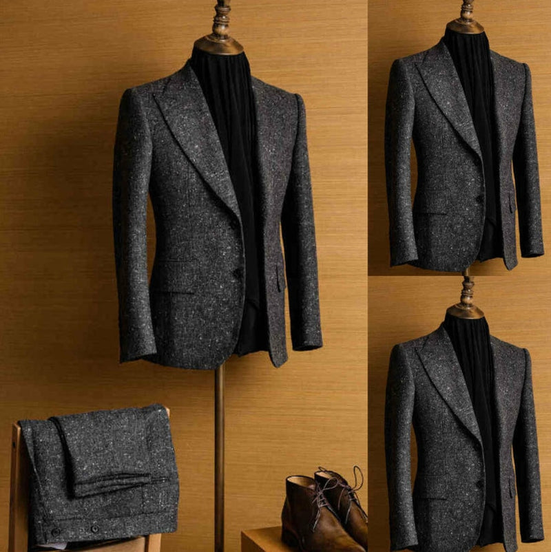 Newest Handsome Men Suits Winter Tweed Notch Lapel Dark Gray Regular 2 Piece Wool Two Button Blend Vintage Tailored Fit