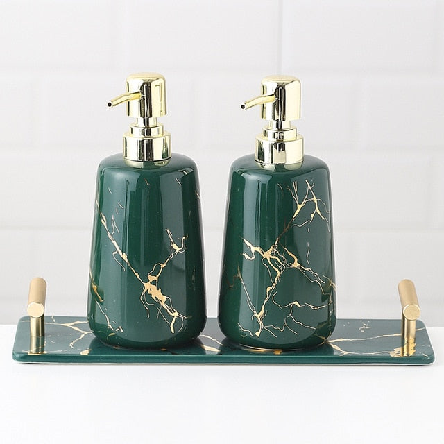 Nordic Light Luxury Ceramic Bathroom Decoration Accessories Golden Marble Mouthwash Cup Soap Dispenser Tray Bathroom Supplies