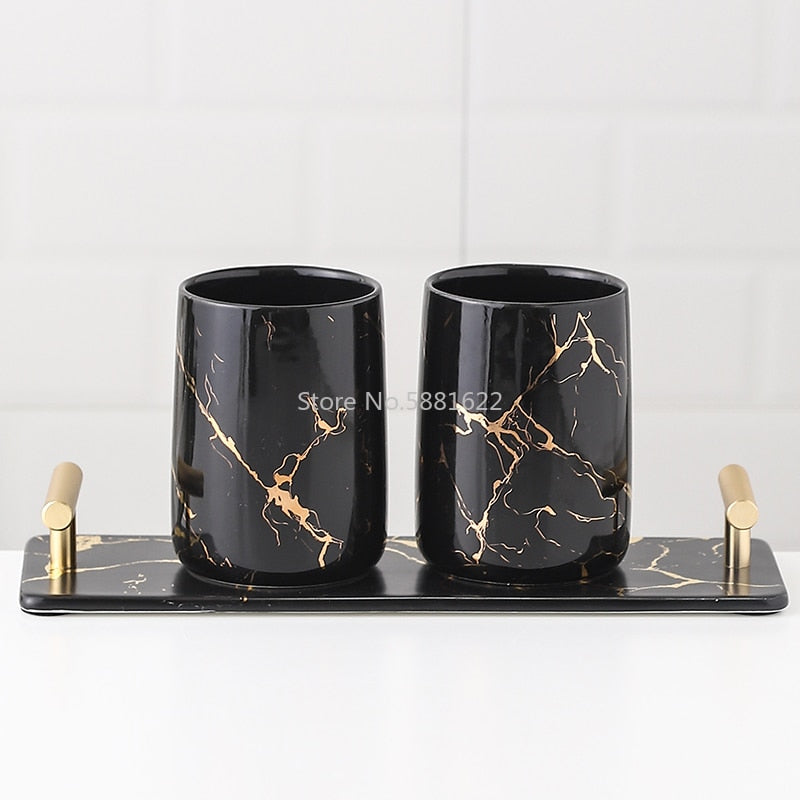 Nordic Light Luxury Ceramic Bathroom Decoration Accessories Golden Marble Mouthwash Cup Soap Dispenser Tray Bathroom Supplies