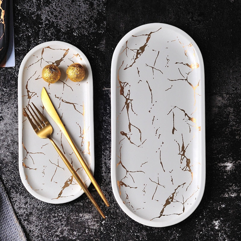 Nordic Marbled Ceramic Oval Plate Western Dish Dessert Plate Jewelry Storage Tray Tableware Accessories Sushi Seafood Dish