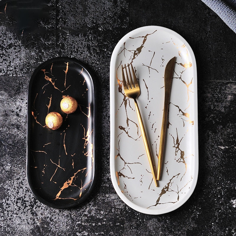 Nordic Marbled Ceramic Oval Plate Western Dish Dessert Plate Jewelry Storage Tray Tableware Accessories Sushi Seafood Dish