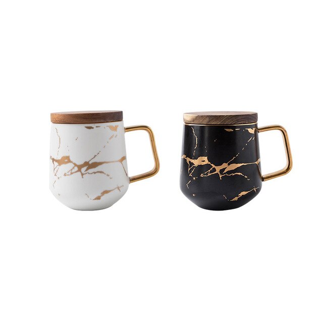 Nordic Marbled Matte Golden Ceramic Tea Cup Coffee Mug Luxurious Water Cafe Tea Milk Cups Wooden Tray Home Restaurant Supplies