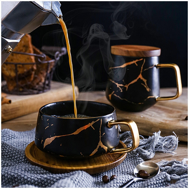 Nordic Marbled Matte Golden Ceramic Tea Cup Coffee Mug Luxurious Water Cafe Tea Milk Cups Wooden Tray Home Restaurant Supplies