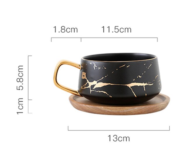 Nordic Style Creative Marble Texture Ceramic Mug Gold Plated Handle Cup Wood Saucer Lid Coffee Cup Breakfast Milk Mug Crafts