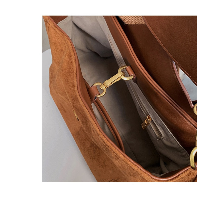 Nubuck PU Leather Flap Shoulder Bags For Women Vintage Wide Strap Crossbody Bag Large Capacity Women Designer Handbags Tote Bag