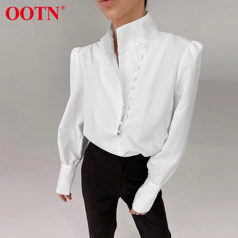 OOTN Elegant Turtleneck Blouse Long Sleeve White Shirt Office Ladies Top Casual Solid Single-Breasted Puff Sleeve Womens Blouses