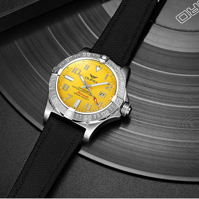 OUPAI 2021 New Arrival Sports Diving Watch Automatic 48mm Sea Wolf Anverager Yellow Dial Waterproof Watch Men Fabric Strap