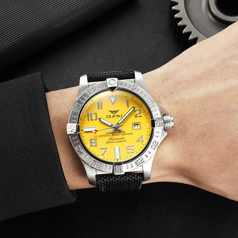 OUPAI 2021 New Arrival Sports Diving Watch Automatic 48mm Sea Wolf Anverager Yellow Dial Waterproof Watch Men Fabric Strap