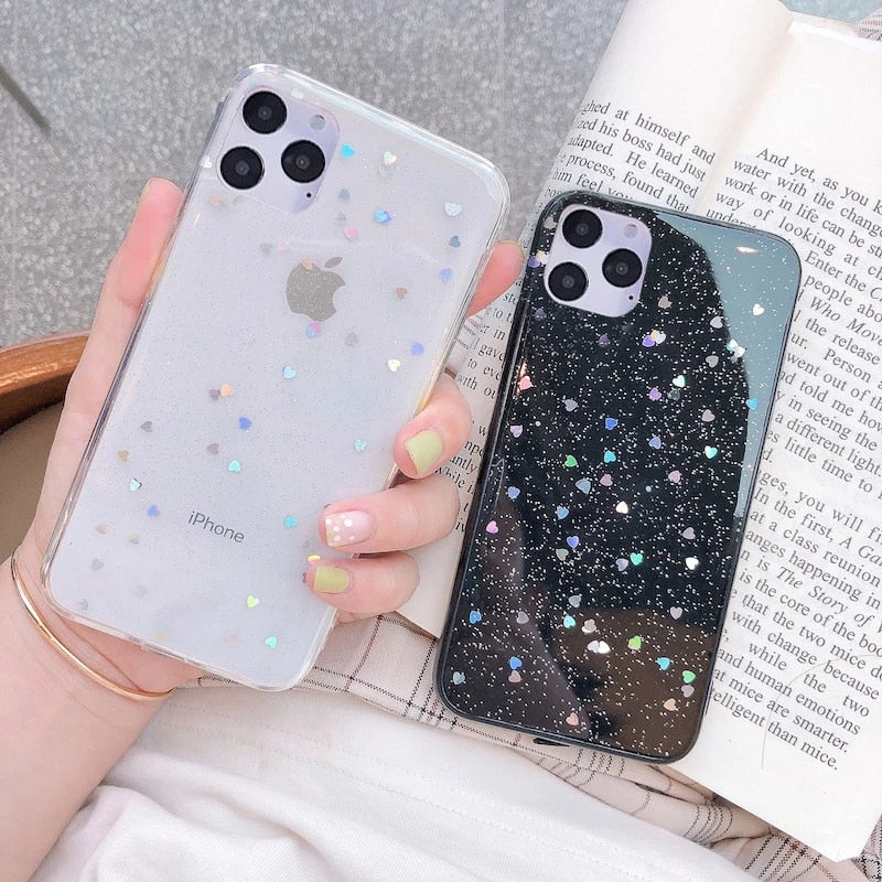 Ottwn Glitter Phone Case For iPhone 11 12 Mini Pro XS Max XR X 6 6s 7 8 Plus Love Heart Star Sequins Soft Bling Clear Cover Capa