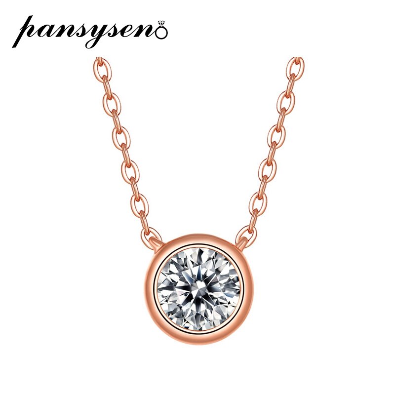 PANSYSEN 18K Rose Gold Color 1ct Round Moissanite Pendant Necklaces Solid 925 Sterling Silver Fine Jewelry for Woman Girl Gift