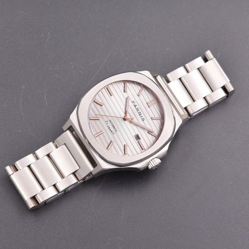 PARNIS Business White Square Automatic Men Watch MIYOTA 8215 Seeing Glass Back Metal Bracelet Sapphire Glass