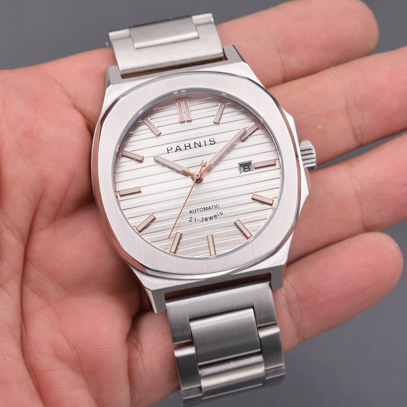 PARNIS Business White Square Automatic Men Watch MIYOTA 8215 Seeing Glass Back Metal Bracelet Sapphire Glass