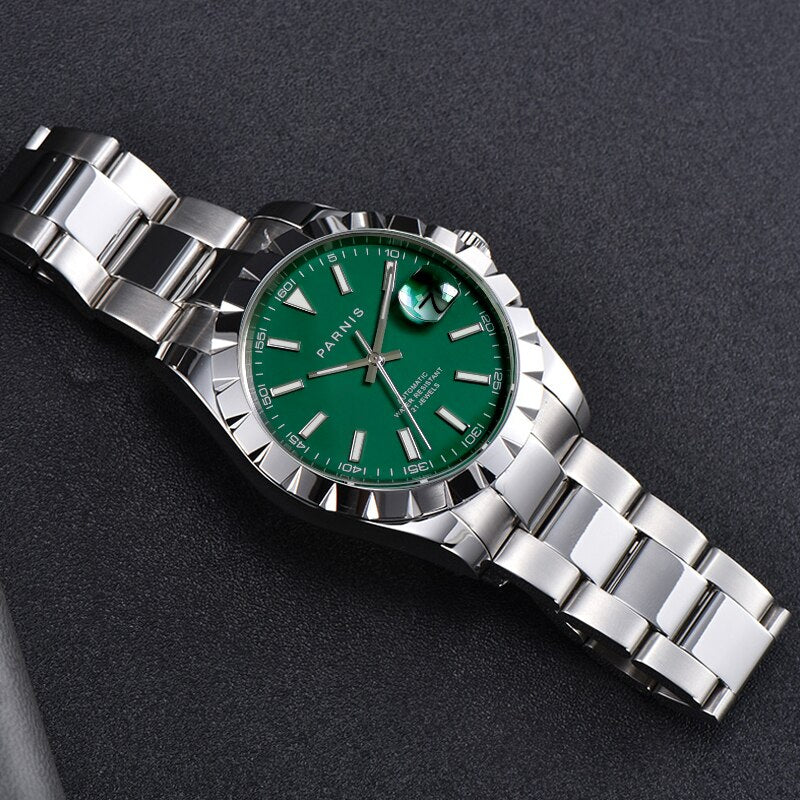 PARNIS Green Automatic Men Watch Sapphire Crystal 21 Jewels MIYOTA 8215 Movement Oyster Bracelet Sapphire Crystal Date Window