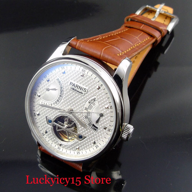 PARNIS Men Watch 43mm Wristwatch Power Reserve Auto Date Indicator Leather Strap Hollow Dial Special Design