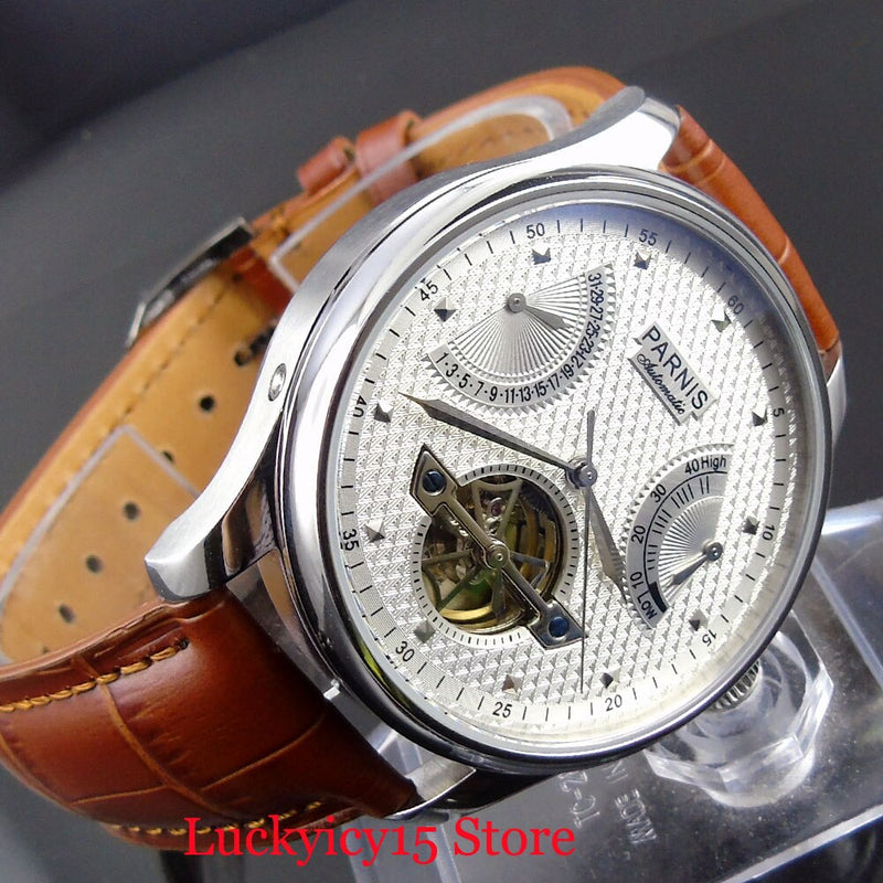 PARNIS Men Watch 43mm Wristwatch Power Reserve Auto Date Indicator Leather Strap Hollow Dial Special Design