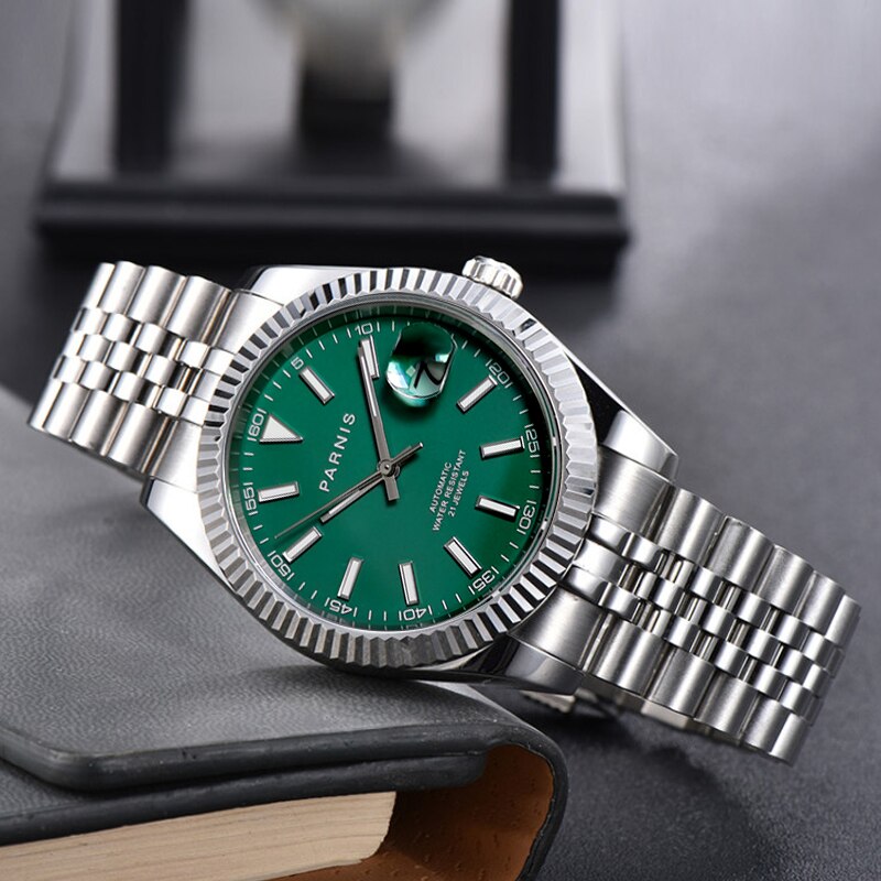 PARNIS New Arrival Green Mechanical Men Watch Fluted Bezel MIYOTA 8215 Sapphire Crystal
