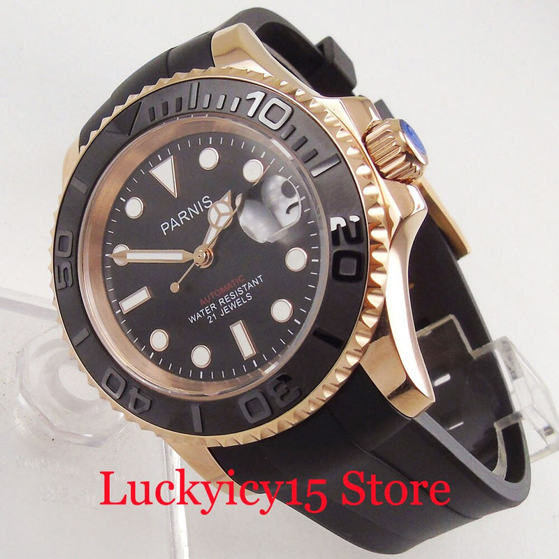 PARNIS Top Brand 41mm Auto Date Sapphire Glass Gold Plated Watch Case Rubber Strap Luminous Gold Watch Hand