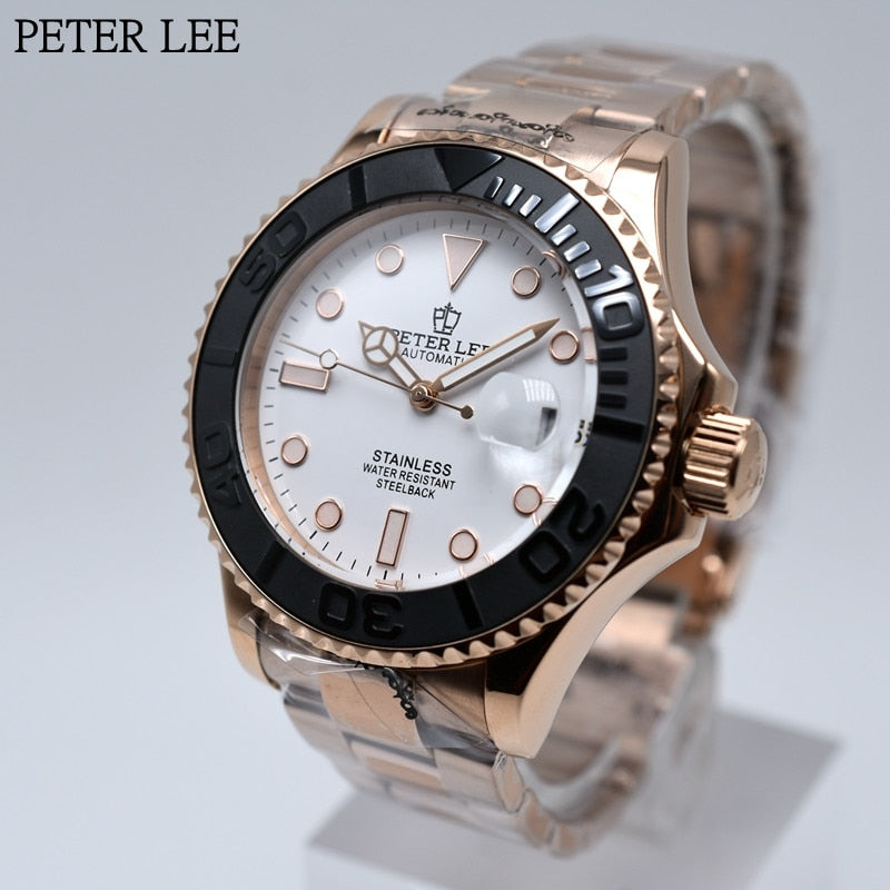 PETER LEE Brand 40mm Luxury Mechanical Automatic Men Watches Ceramic Bezel Auto Date Watches Stainless Steel Gold Wristwatches