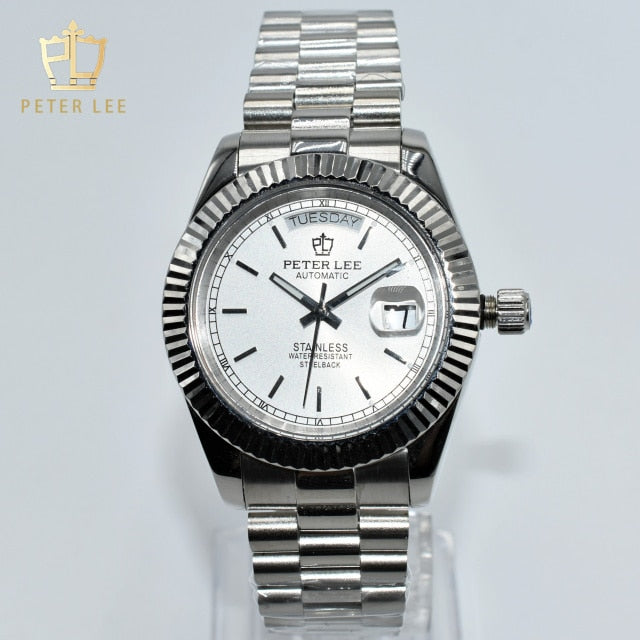 PETER LEE Men Watch Top Brand 40mm Luxury Vintage Design Gold Watches Stainless Steel Automatic Mechanical Wrist Watches Gifts