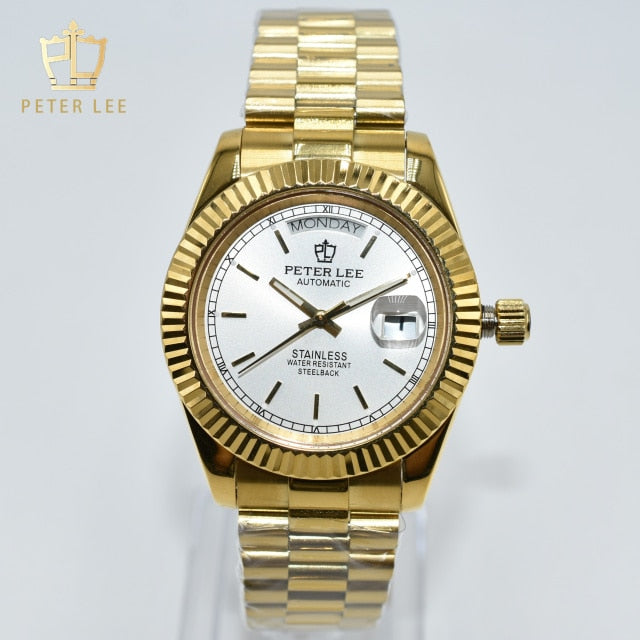 PETER LEE Men Watch Top Brand 40mm Luxury Vintage Design Gold Watches Stainless Steel Automatic Mechanical Wrist Watches Gifts