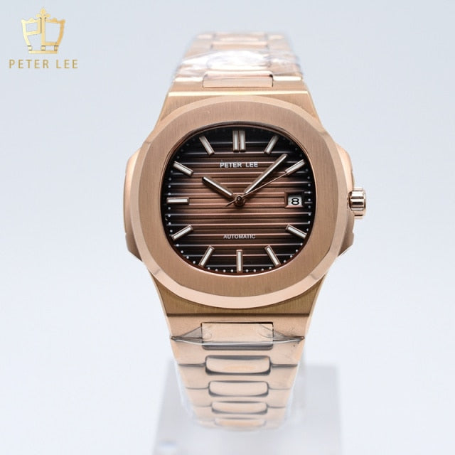 PETER LEE Top Brand 40mm Luxury Watch For Men Rose Gold Classic Mechanical Automatic Watch Stainless Steel Auto Date Watch
