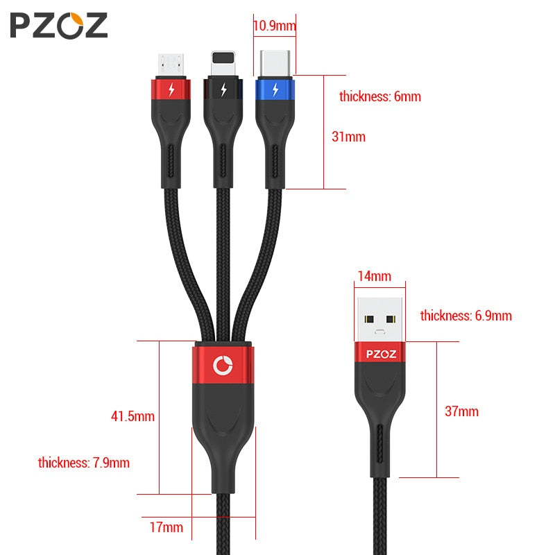 PZOZ 3 IN 1 USB Cable Micro USB C Fast Charging Adapter Microusb Type-C Charger Type C Cable For iPhone 7 11 Samsung Xiaomi Cord