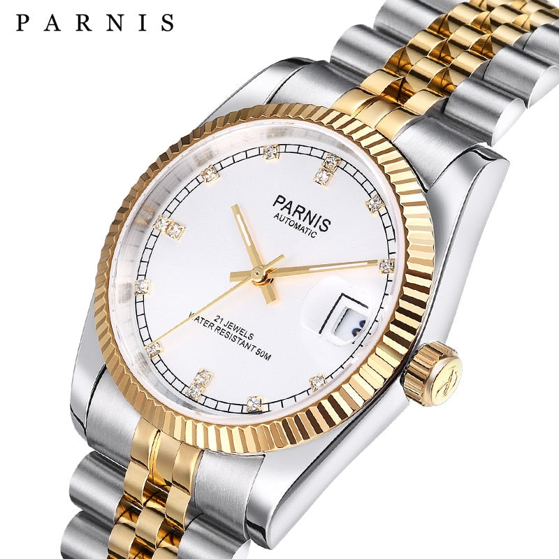 Parnis 36mm Automatic Mechanical Mens Watch Luxury Brand Business Sapphire Crystal Stainless Steel Bracelet Wristwatch Men