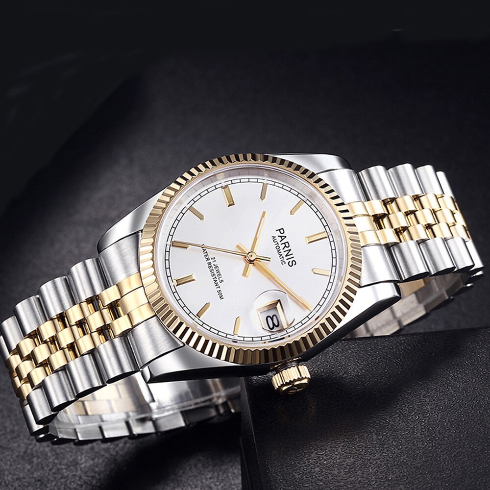 Parnis 36mm Mens Watch Luxury Brand Business Sapphire Crystal Stainless Steel Strap Calendar Automatic Mechanical Wristwatch Men