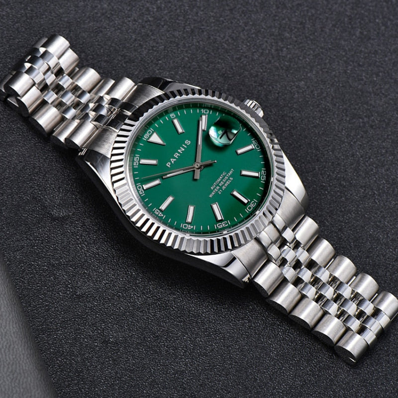 Parnis 39.5mm Green Dial Automatic Mechanical Men’s Watches Auto Date Miyota 8215 Movement Men Calendar Watch With Box Gift 2020