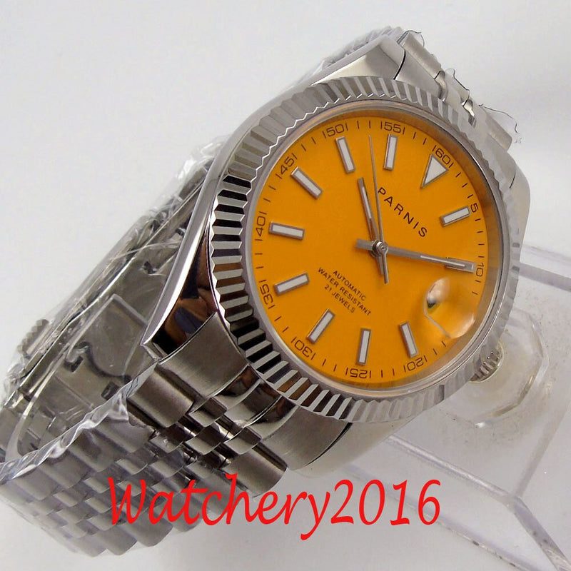 Parnis 39.5mm sapphire Orange dial jubilee sapphire date Miyota 8215 Automatic movement Men's Watch