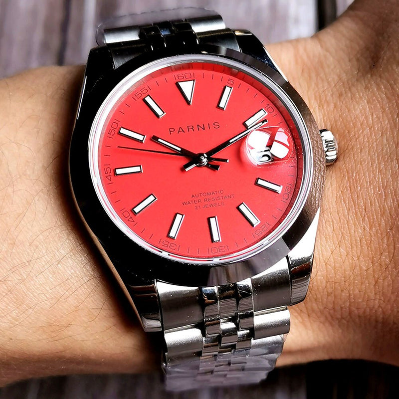Parnis 39mm sapphire Red dial jubilee sapphire date Miyota 8215 Automatic movement Men's Watch