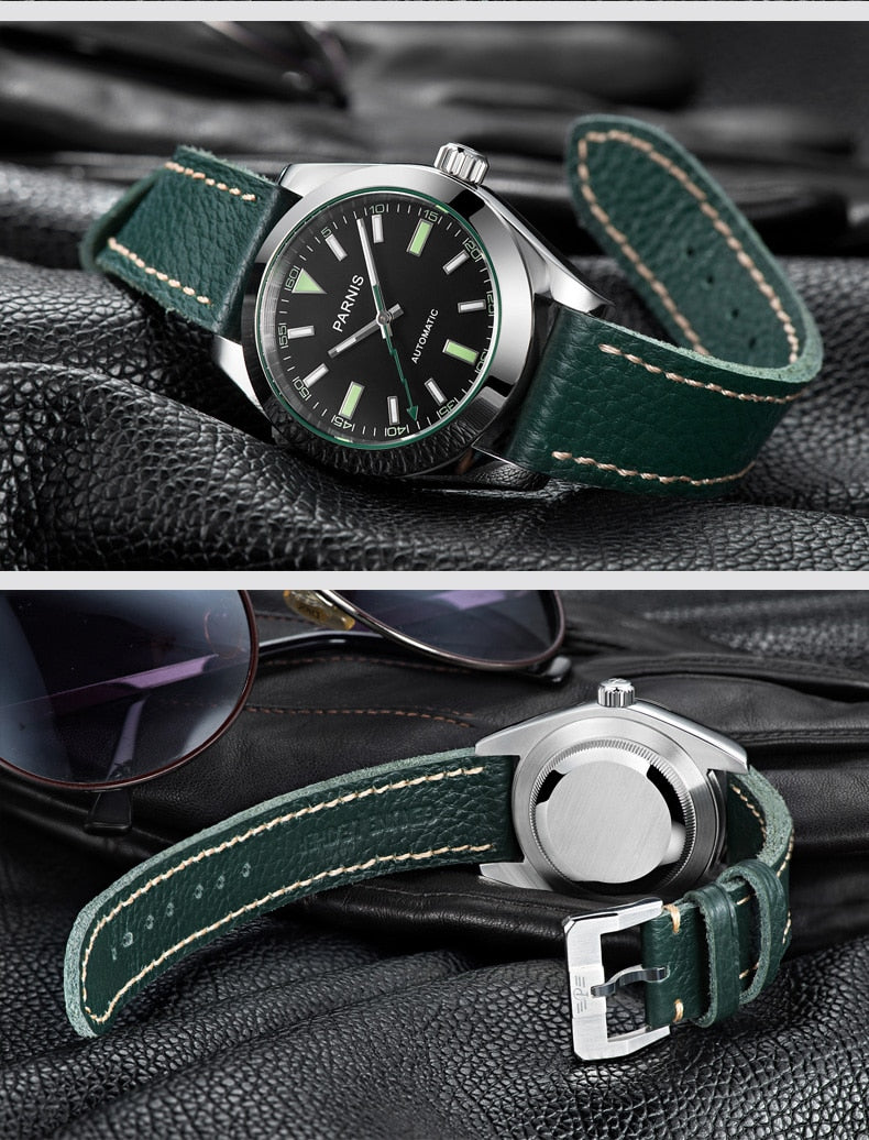 Parnis 40mm Automatic Mechanical Watch Men Luxury Sapphire Crystal Leather Strap Leather Waterproof Luminous Wristwatch Men