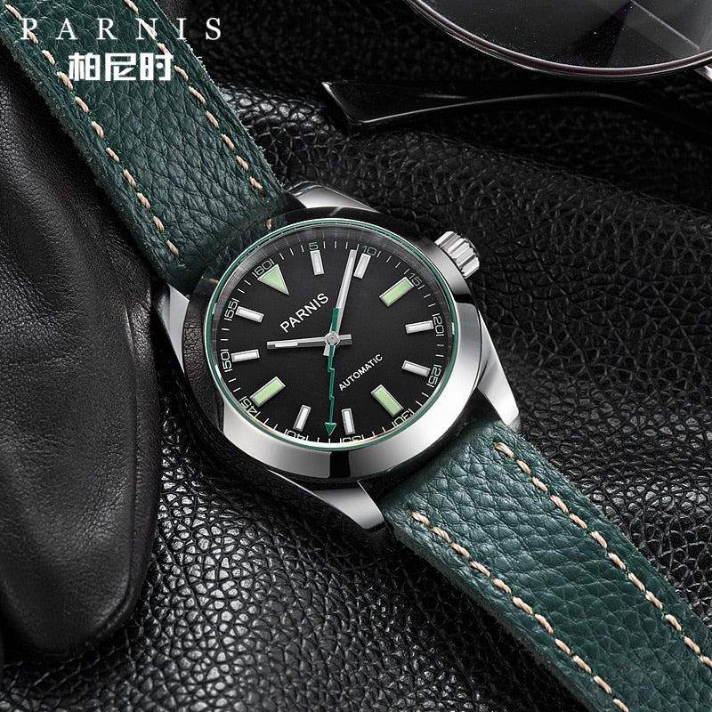 Parnis 40mm Automatic Mechanical Watch Men Luxury Sapphire Crystal Leather Strap Leather Waterproof Luminous Wristwatch Men