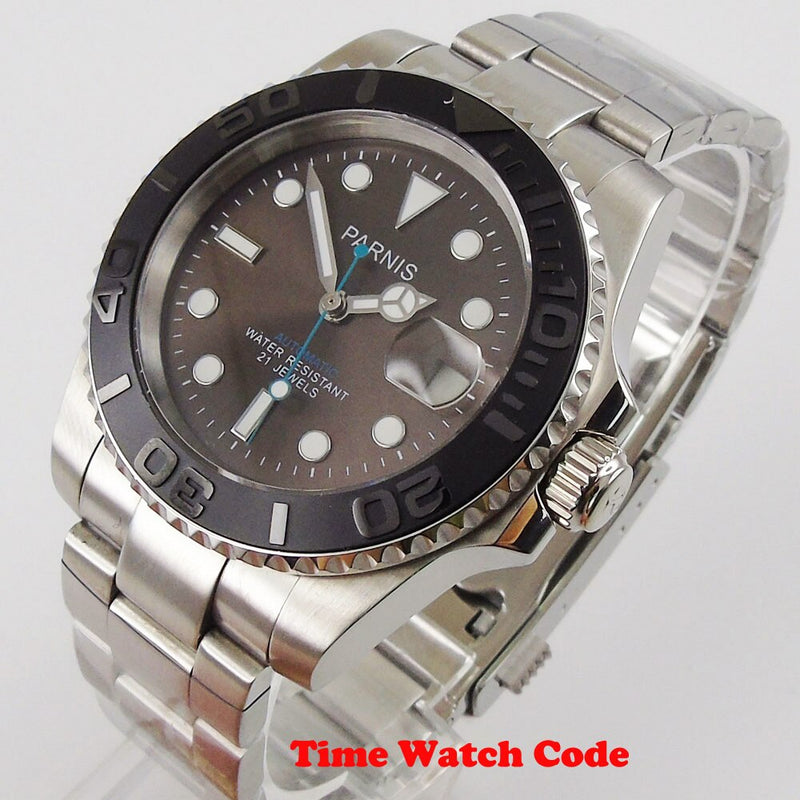 Parnis 40mm Automatic Men's Wristwatch Date display Coffee dial Oyster bracelet sapphire glass ceramic bezel luminous