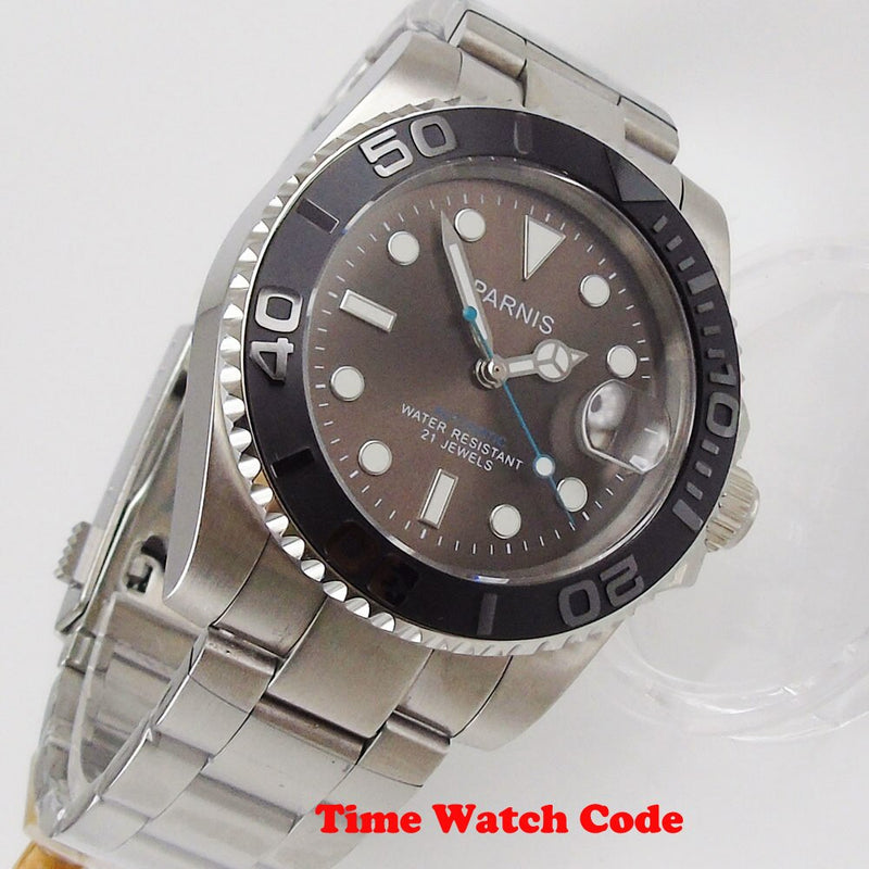 Parnis 40mm Automatic Men's Wristwatch Date display Coffee dial Oyster bracelet sapphire glass ceramic bezel luminous