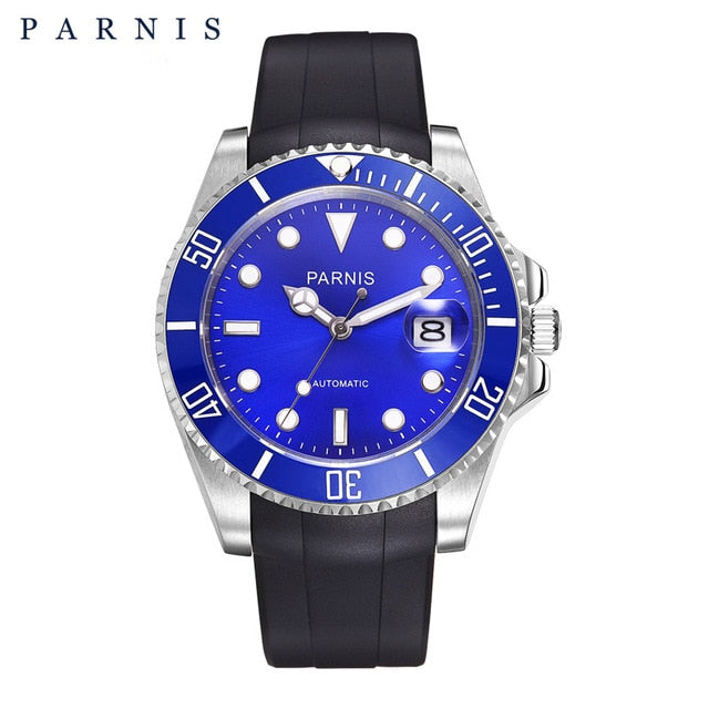 Parnis 40mm Red Bezel Mens Automatic Mechanical Watch Ceramic Diver Date Steel Sapphire Movement Men's Watches zegarki meskie