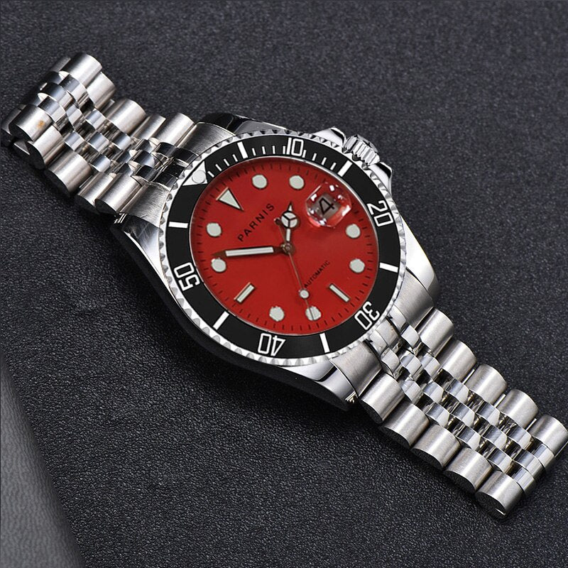 Parnis 40mm Red Dial Mechanical Automatic Watch Men Black Ceramic Bezel Miyota 8215 Movement Calendar Men's Watches 2020 Gift
