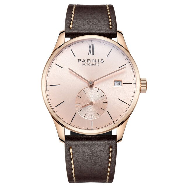 Parnis 41mm Fashion Mechanical Mens Watch Minimalist  Luxury Waterproof Calendar Leather Strap Automatic Wristwatch Men