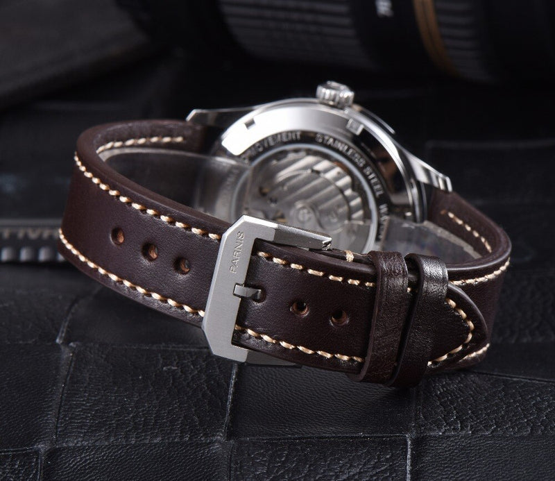 Parnis 41mm Fashion Mechanical Mens Watch Minimalist  Luxury Waterproof Calendar Leather Strap Automatic Wristwatch Men