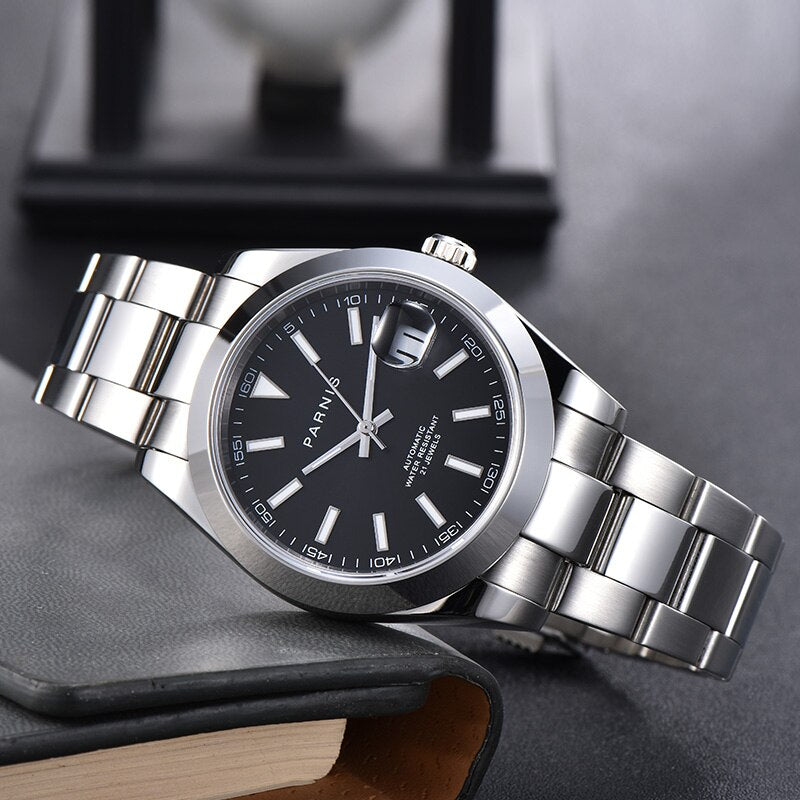 Parnis Black Dial Men's Watches Calendar Miyota 8215 Movement 21 Jewels Automatic Mechanical Stainless Steel Men Watch 2020 box