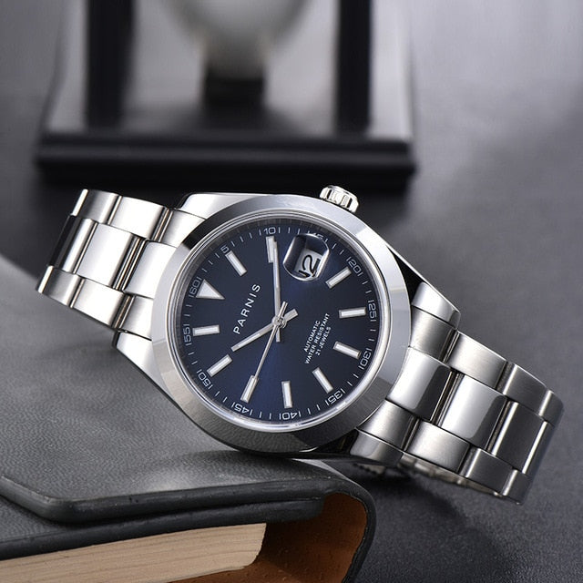 Parnis Blue Dial Men's Watches Calendar Miyota 8215 Movement 21 Jewels Automatic Mechanical Mens Wristwatch orologio uomo 2020