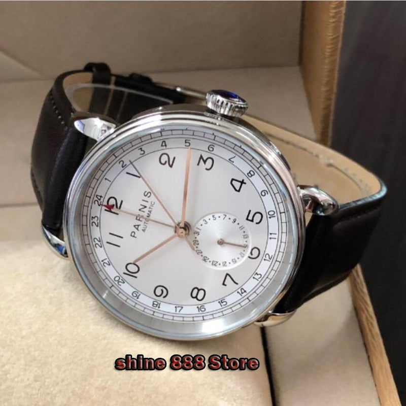 Parnis new automatic mechanical watch 42mm silver case GMT arab mark date window leather mens top watch